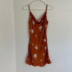 Orange Silky Floral Cowl Neck Formal Dress
